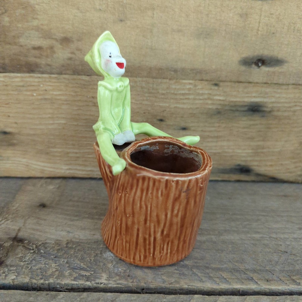 Vintage 1950s Gilner Pixie Elf Sitting on a Hollow Log Planter / Kitschy